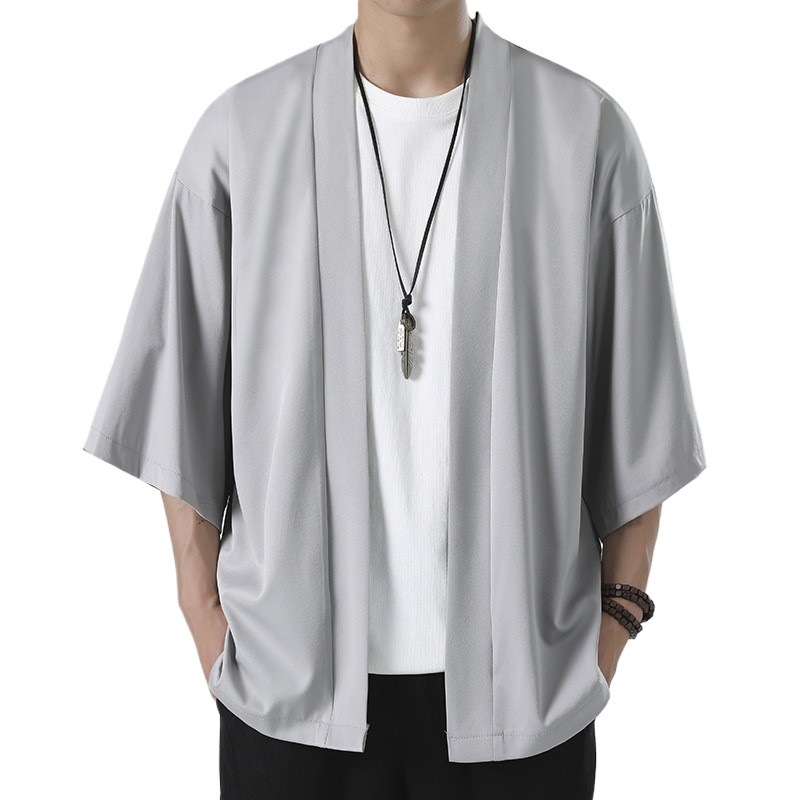 Cross-border Chinese Style Shirt Men's Ice Silk Thin Cape Solid Color Buckle Cardigan Hanfu Men's Loose Anti-sunscreen Jacket
