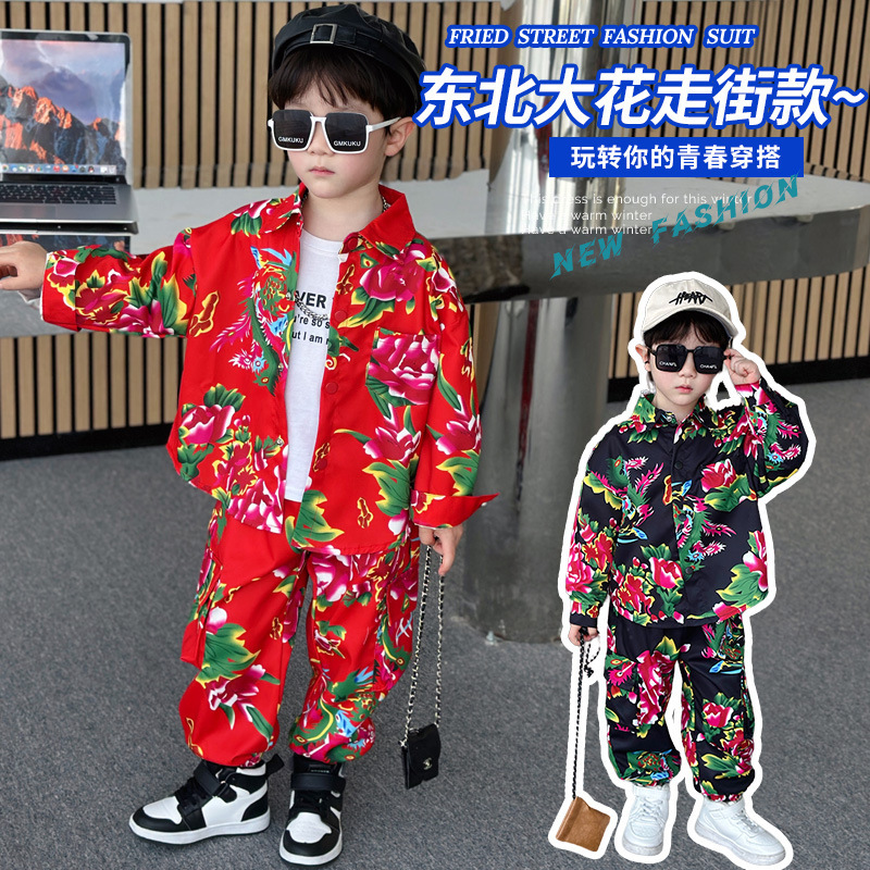 Boys' Northeastern Floral Shirt Suit New Spring Style Kidsren's Red Outer Wear Long-Sleeved Rural Floral Shirt Trendy
