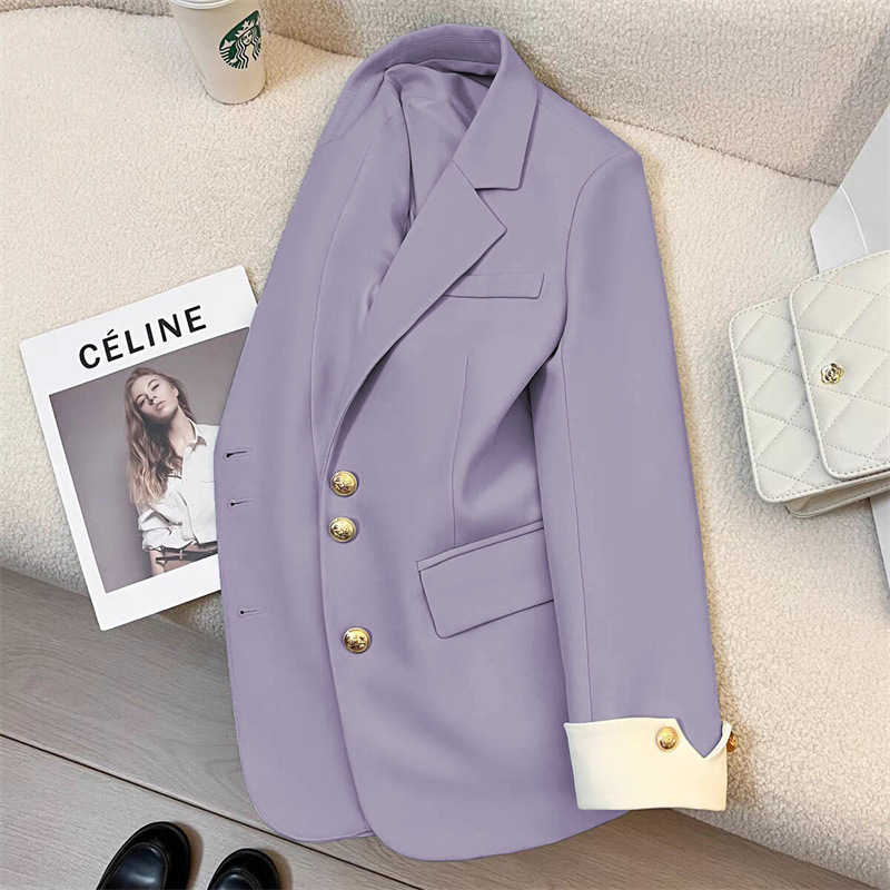 Taro Color Suit Jacket Cross-border Temperament Elegant Design Sense Flip Sleeve Long Sleeve Spring and Summer Thin Long Sleeve Small Suit Taro Color Suit Jacket Cross-border Temperament Elegant Design Sense Flip Sleeve Long Sleeve Spring and Summer Thin Long Sleeve Small Suit