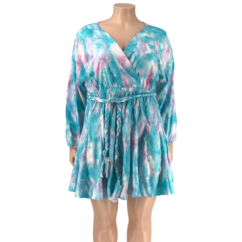 Swing Dress Sexy V Neck Straps Long Sleeve Tie Dye Above Knee Daily display picture 4