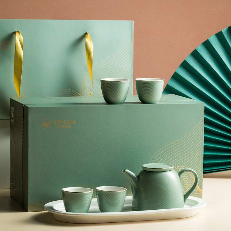 松发瓷器6头青洛功夫茶具家用送礼精品中式茶具礼盒套装一壶四杯|undefined