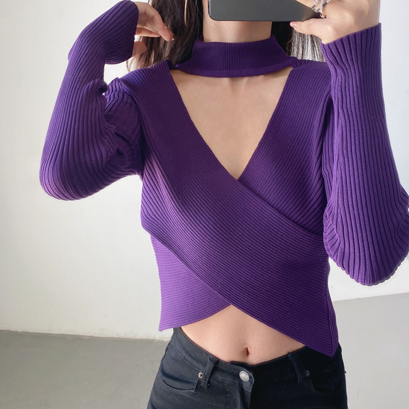 Stand-Up Collar Hollow V Neck Long Sleeve Cross Solid Color Knitted Sweater NSAM114814