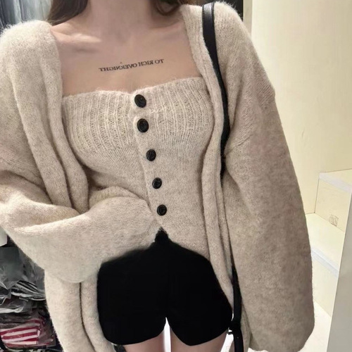 Sexy lace camisole sweater set for women, autumn and winter, high-end, gentle, soft and fluffy, lazy style