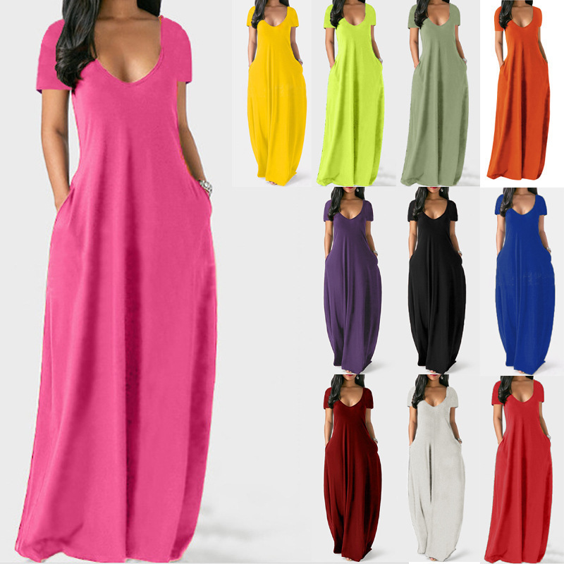 Amazon Cross-Border Foreign Trade Plus-Size Women's Clothing Solid Color Dress Summer Casual Sexy Deep V Short-Sleeve Long Dress