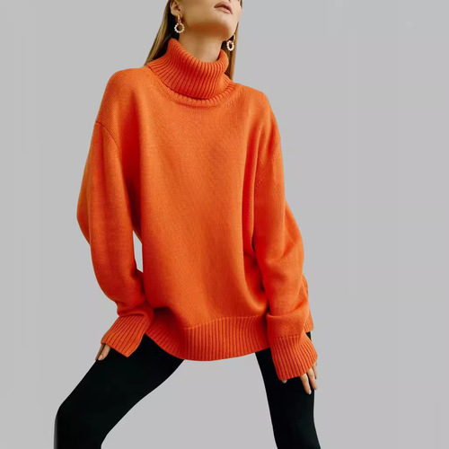Solid Color High-Neck Sweater European and American Autumn and Winter Loose Knit Sweater Versatile Classic Women's Sweater