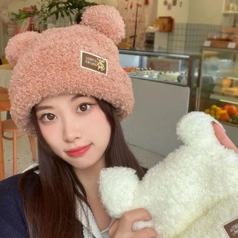 Cappello lavorato a maglia con protezione per le orecchie, caldo e spesso, in 100% cotone, a forma di orso dei cartoni animati, per donna_voghion.com