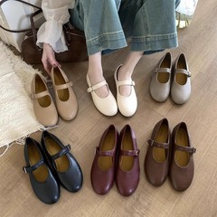 象の灰色の柔らかい底のメアリー珍の靴の女性は2025春の新型の1字のボタンを着て浅い口の平底の靴を持ちます。