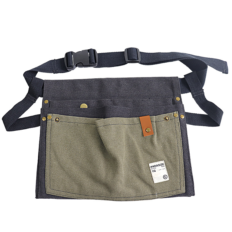 Nuevo delantal de lona gruesa transfronteriza logotipo personalizado de moda coreana empalmado de gran capacidad de lona herramientas de cintura delantal