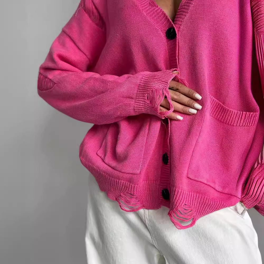 Vintage-Strickcardigan für Damen im Used-Look – Langärmliger, offener Pullover mit Taschen, Boho-Chic und lässige Bürokleidung für Herbst/Winter_voghion.com