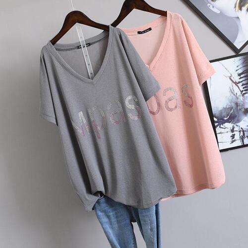 New Summer South Korean Style Fat Sister 2-300 Pounds Plus Size Loose Diamond-embellished V-neck Cover Stomach Short-sleeve T-shirt Top for Women