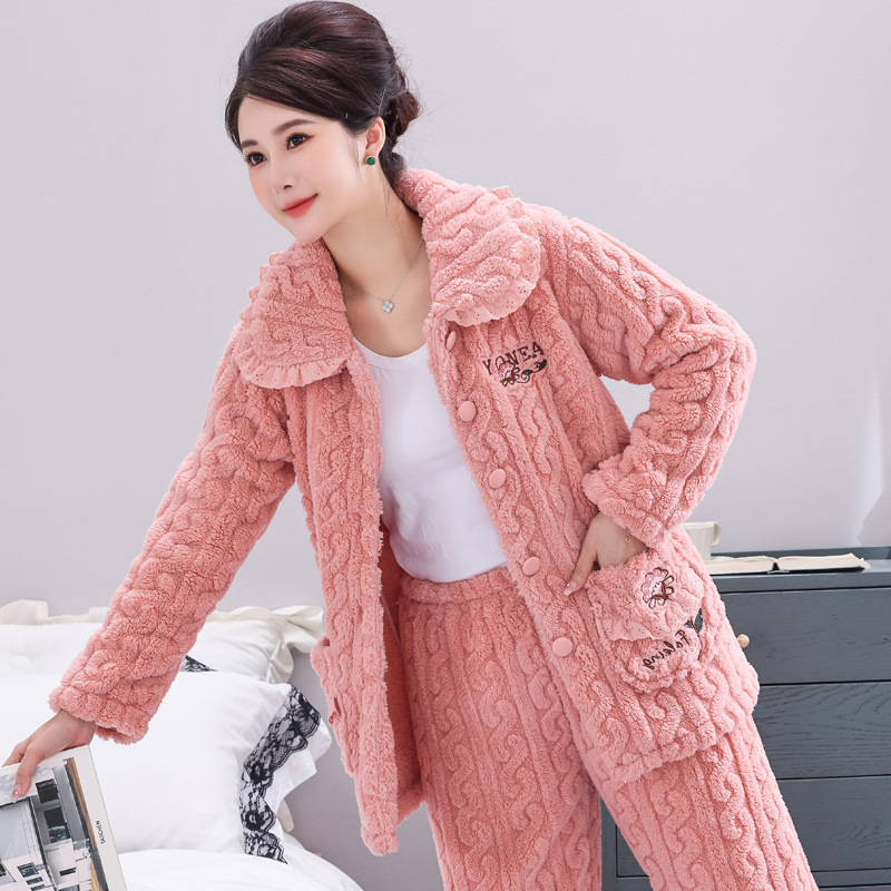 중년 및 노인 어머니를위한 봄 가을과 겨울 산호 양털 잠옷 중년 두꺼운 플란넬 따뜻한 집 옷 세트