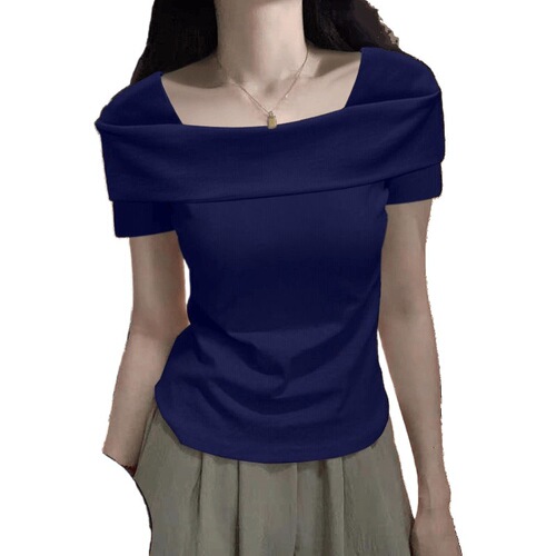 Lightweight base layer tops for spring and summer, tight-fitting, one-shoulder design revealing collarbones, casual and fashionable women's ribbed short-sleeved T-shirts