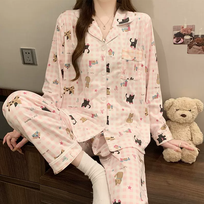 秋冬新款德绒睡衣女卡通猫咪韩版ins少女长袖加厚家居服套装批发