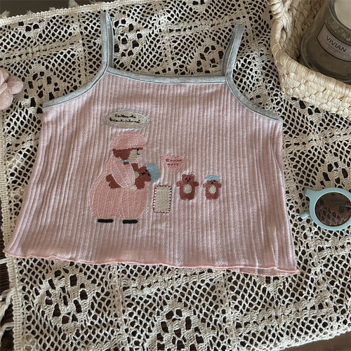 Korean Children's Summer 2024 New Cartoon Strappy Top for Girls, Trendy Embroidered Children's Outerwear, Versatile Backless Tee