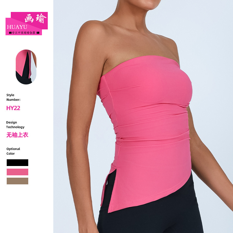 Aliexpress Amazon Europa y los Estados Unidos transfronterizos con cojín de pecho sexy chica caliente hombro abierto de color sólido con bifurcación lateral para limpiar el pecho ropa de yoga para mujeres