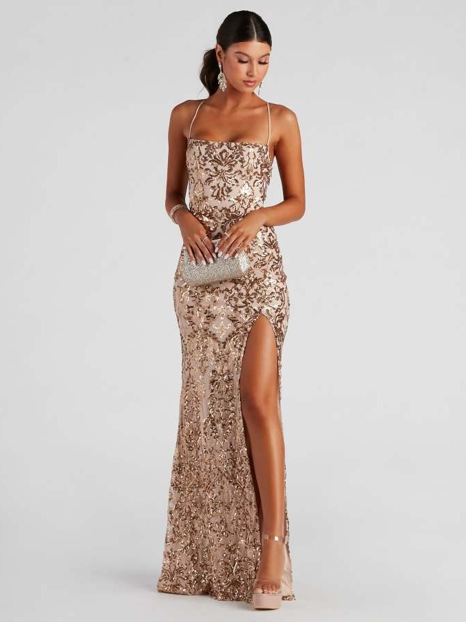Vestido de noche largo con lentejuelas, estilo europeo y americano, sexy, con hombros descubiertos y elegante abertura lateral para fiestas (3 colores)