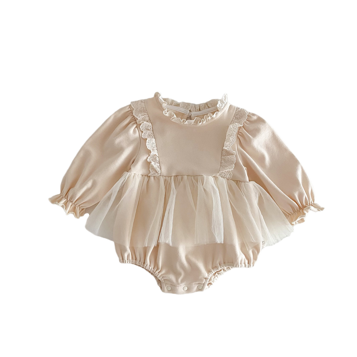 INS estilo coreano bebé otoño nuevo encaje borde mono mameluco mujer bebé estilo occidental malla princesa mameluco vestido