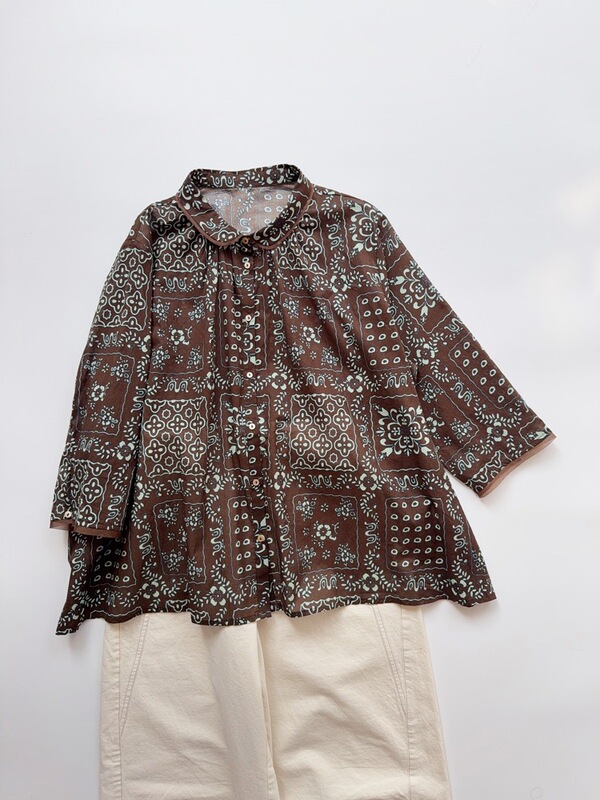 Niche Designer Coffee-Colored Floral Blouse, Thin Pure Cotton Three-Quarter Sleeve Printed Shirt, Women's Top with Silk Blend