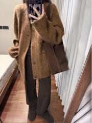 毛呢外套女装棕色美拉德复古v领秋冬季时尚感休闲中长款呢子大衣