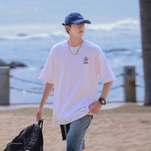 Clean and Simple Cotton T-Shirt for Men - Summer Heavyweight Trendy Loose Casual Base Shirt