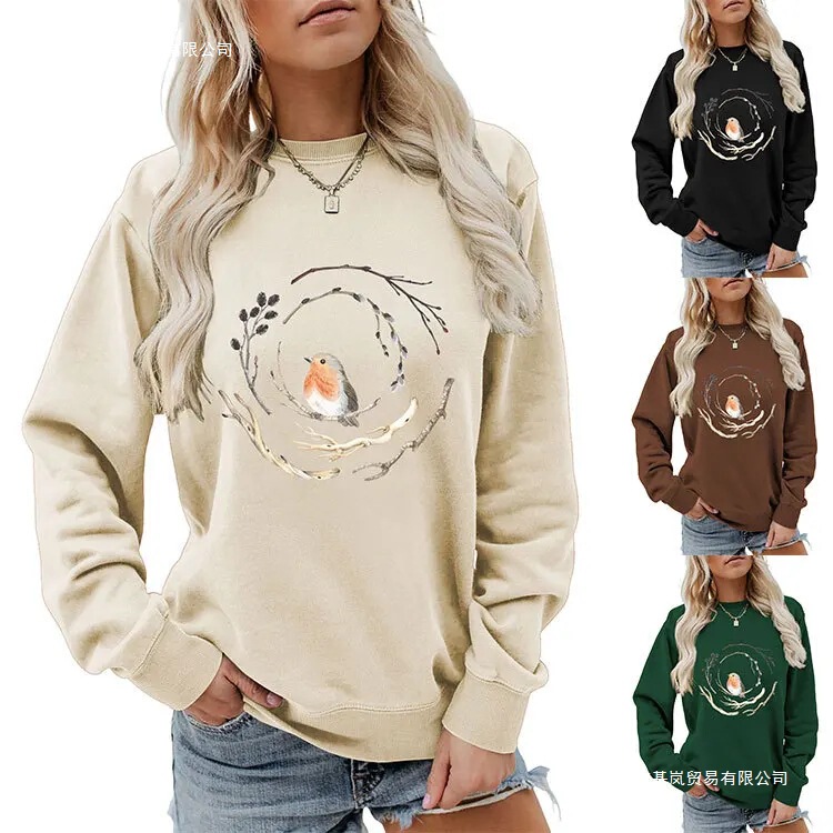 Autumn women's hoodie with bird and branch print, casual classic printed top, loose and stylish round-neck hoodie for women