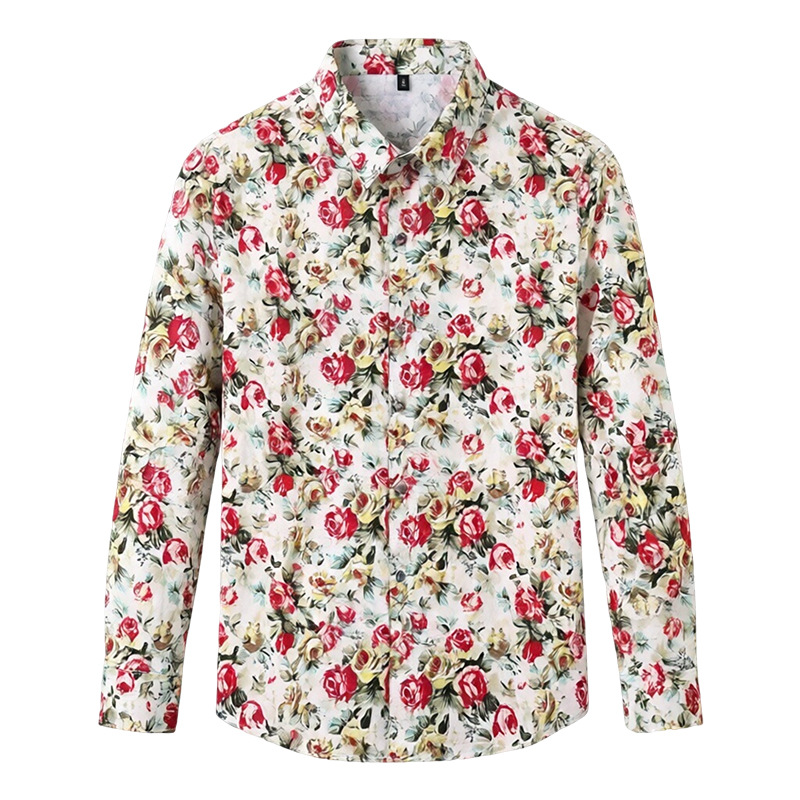 Camisas jóvenes de mediana edad de alta gama para hombres primavera y otoño tendencia floral coreana camisa de algodón nueva camisa floral de manga larga