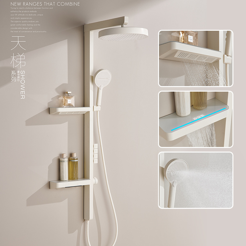 Nuevo juego de ducha de escalera moderna uno por uno, función de almacenamiento de doble capa, ducha blanca de temperatura constante, lluvia intensa, multimodo