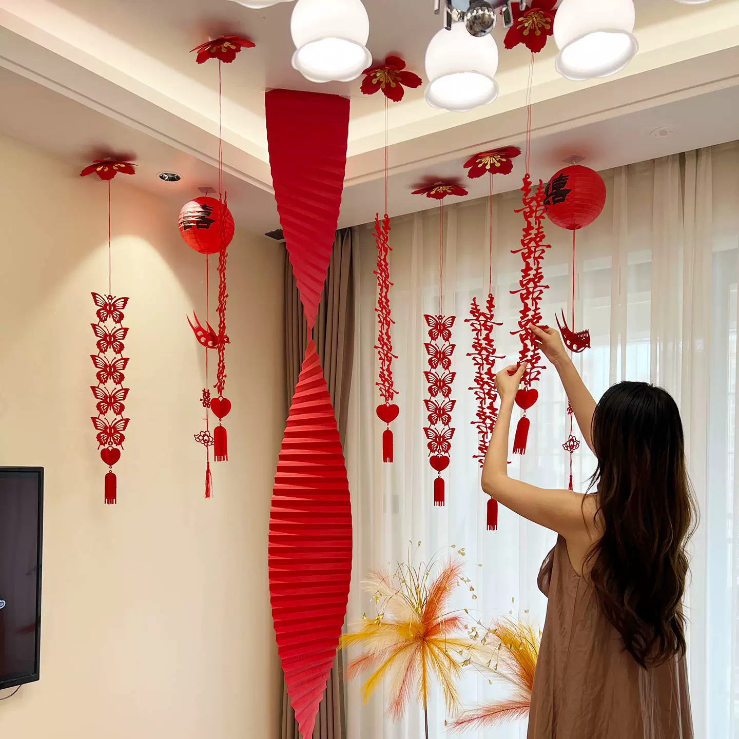 Украшение свадебной комнаты с гирляндой с изображением двойного счастья, подвесные украшения на потолке для свадебного торжества, подвесные украшения на потолке спальни невесты, набор свадебных украшений.