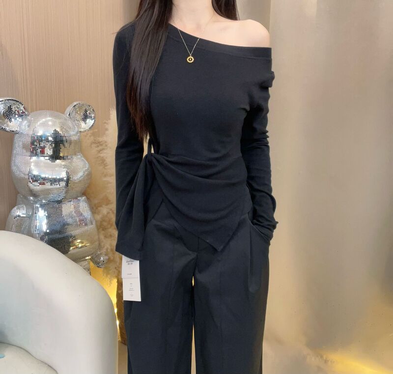 韩系条纹不规则开叉斜肩长袖T恤女装早秋季收腰设计感别致上衣潮|undefined