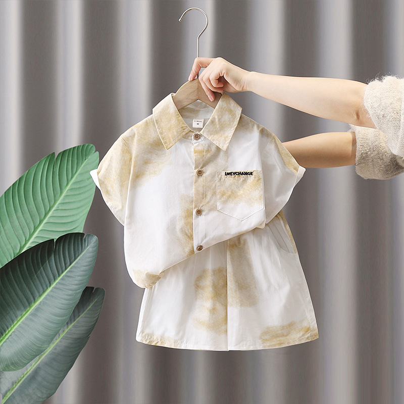 7141 Traje de camisa rosa para niños 2025 nuevo verano niño de manga corta bebé verano delgado traje de dos piezas de moda