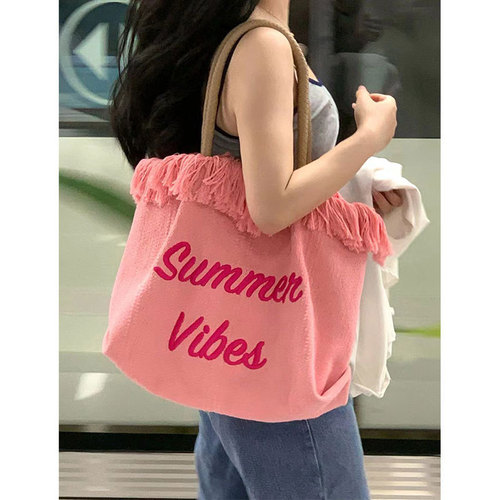 Large-capacity bag women's pink printed canvas bag simple and versatile handbag temperament commuter shoulder tote bag