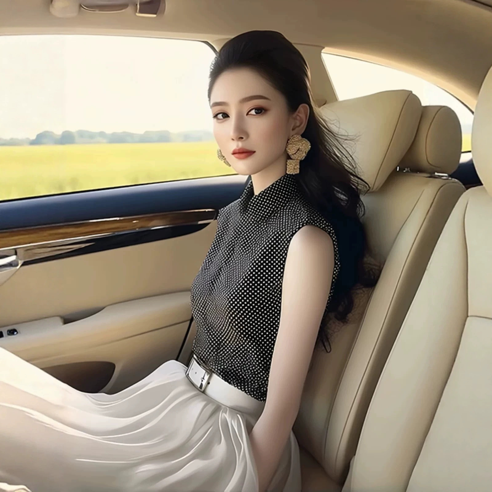 Áo sơ mi không tay nữ kiểu Pháp chấm bi đen ôm nhẹ — màu đen