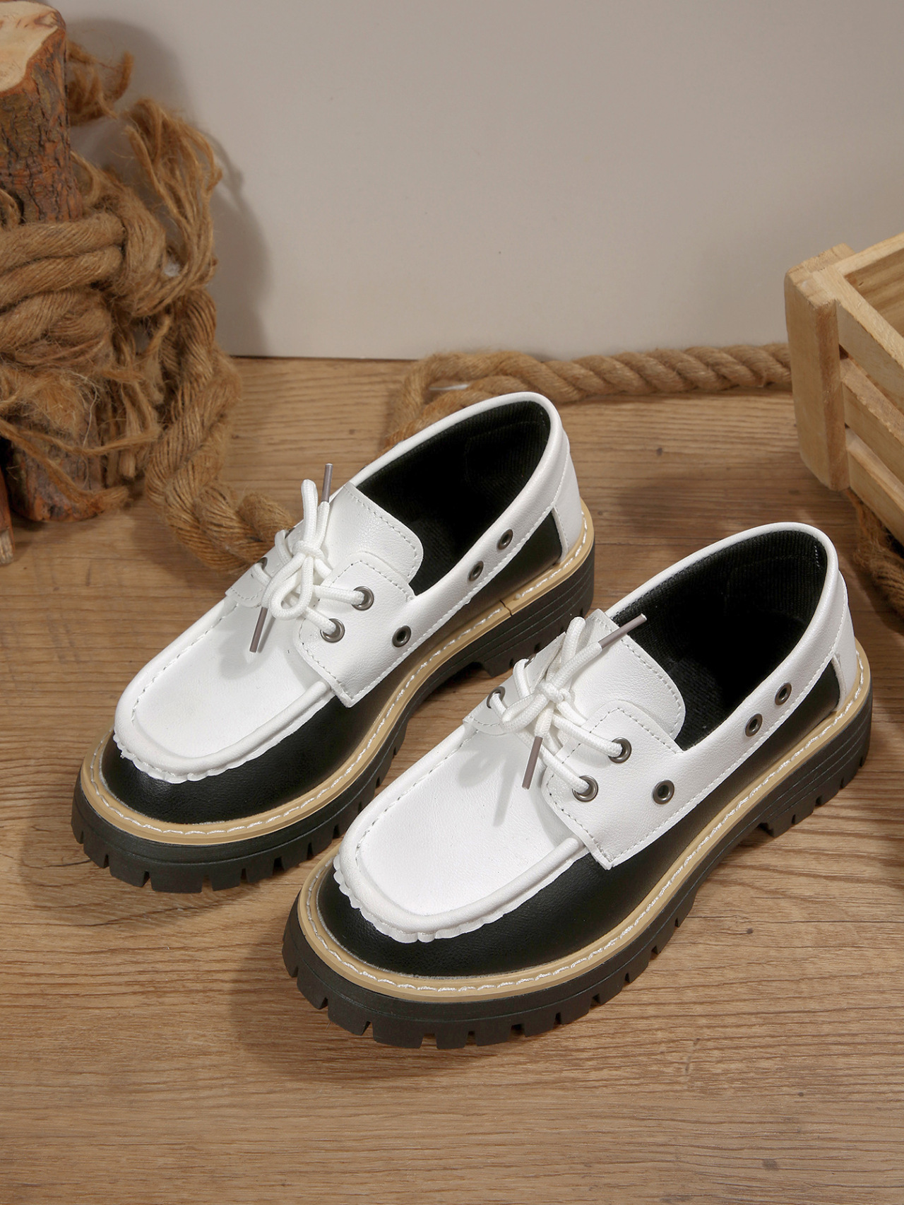 Women's Colour Block Loafers Lace Up Thick Sole Platform Shoes_voghion.com