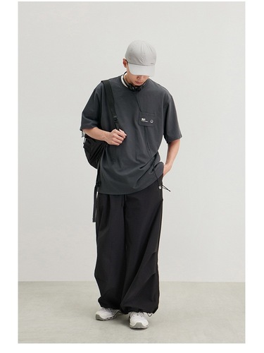 American Style Loose Straight Leg Sport Pants for Men with Elastic Waist, Fat Straight Leg Plain Color Ankle Air Pants Trendy