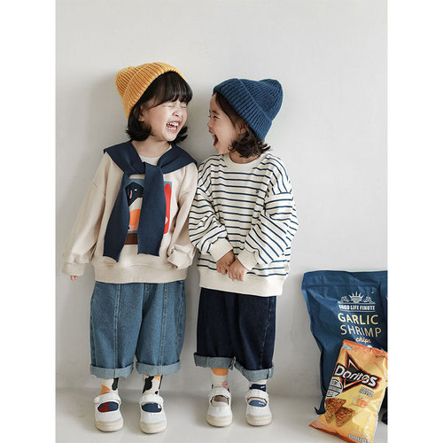 Wulibu Yitong Fun Printed Casual Sweater Children's 2024 Spring and Autumn New Vitality Girls' Velvet Warm Tops