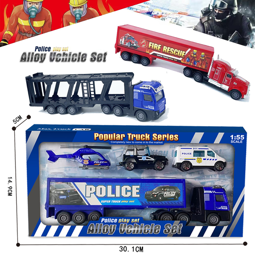 新款仿真车模型套装滑行合金拖头双层货柜车军事车警车儿童玩具车