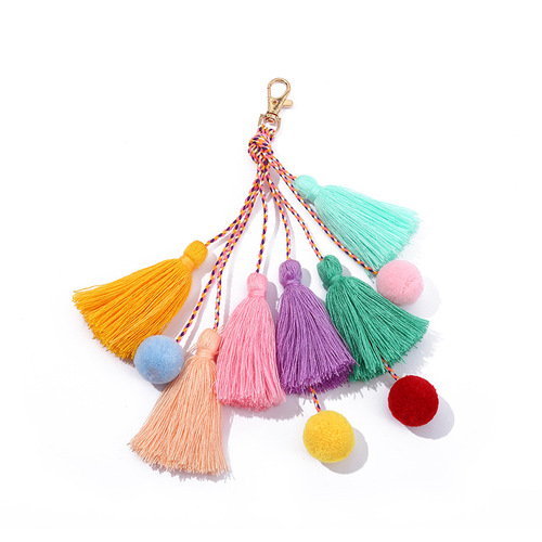 Cross-border colorful bag ornaments handmade braided DIY handicraft bohemian hair ball tassel keychain pendant