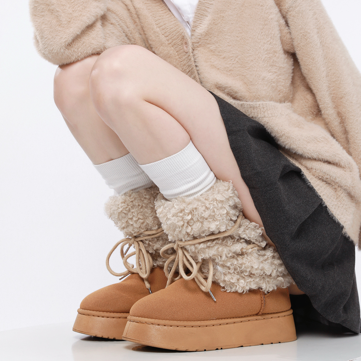 Leg Warmers Autumn And Winter Thick Warm Plush Socks Y2k Hot Girl Bow Tie Imitation Teddy Fur Niche Pile Calf Cover_voghion.com