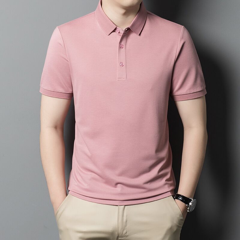 Camisa de polo de comercio exterior de seda de morera Camiseta de manga corta para hombre verano negocios de mediana edad más tamaño solapa color sólido ropa de hombre suelta