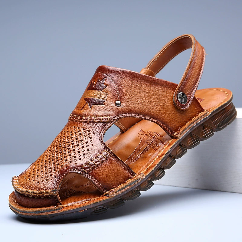 Мужская обувь Сандалии Пляжная обувь Спорт на открытом воздухе Повседневный чехол для корпуса ног Полая дышащая кожа из воловьей кожи с отверстиями для лица