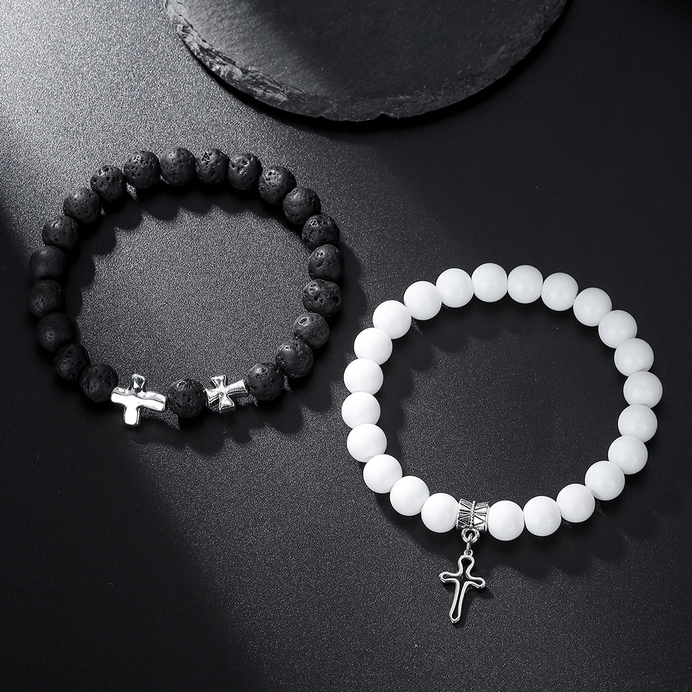 Elastic Couple Bracelet With Volcanic Stone And Astronaut Charm_voghion.com