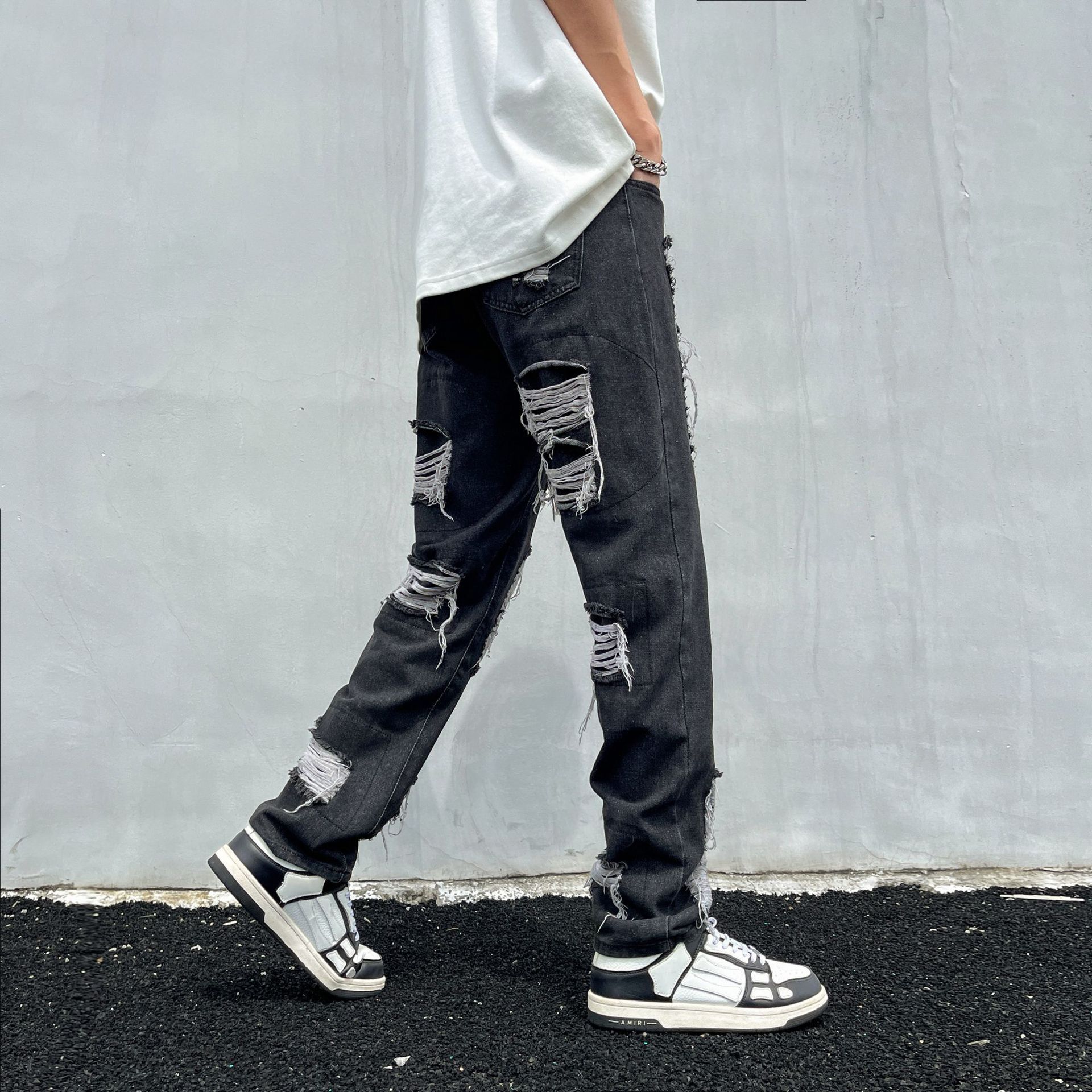 Tie-Dye Ripped Jeans For Men And Women American High Street Vintage Washed Slim Fit Flared Pants_mkmklike.com