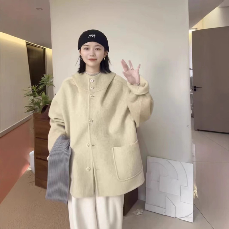 High-end Hooded Double-sided Cashmere Coat Women's Short Autumn and Winter New Arrival Small Wide-size Slimming Wool Coat