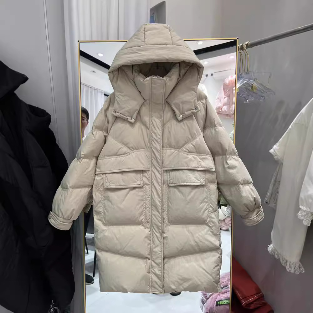 2025 겨울 신상 여성용 중간 길이 무릎 위까지 오는 흰색 오리털 루즈핏 후드 두꺼운 따뜻한 코트