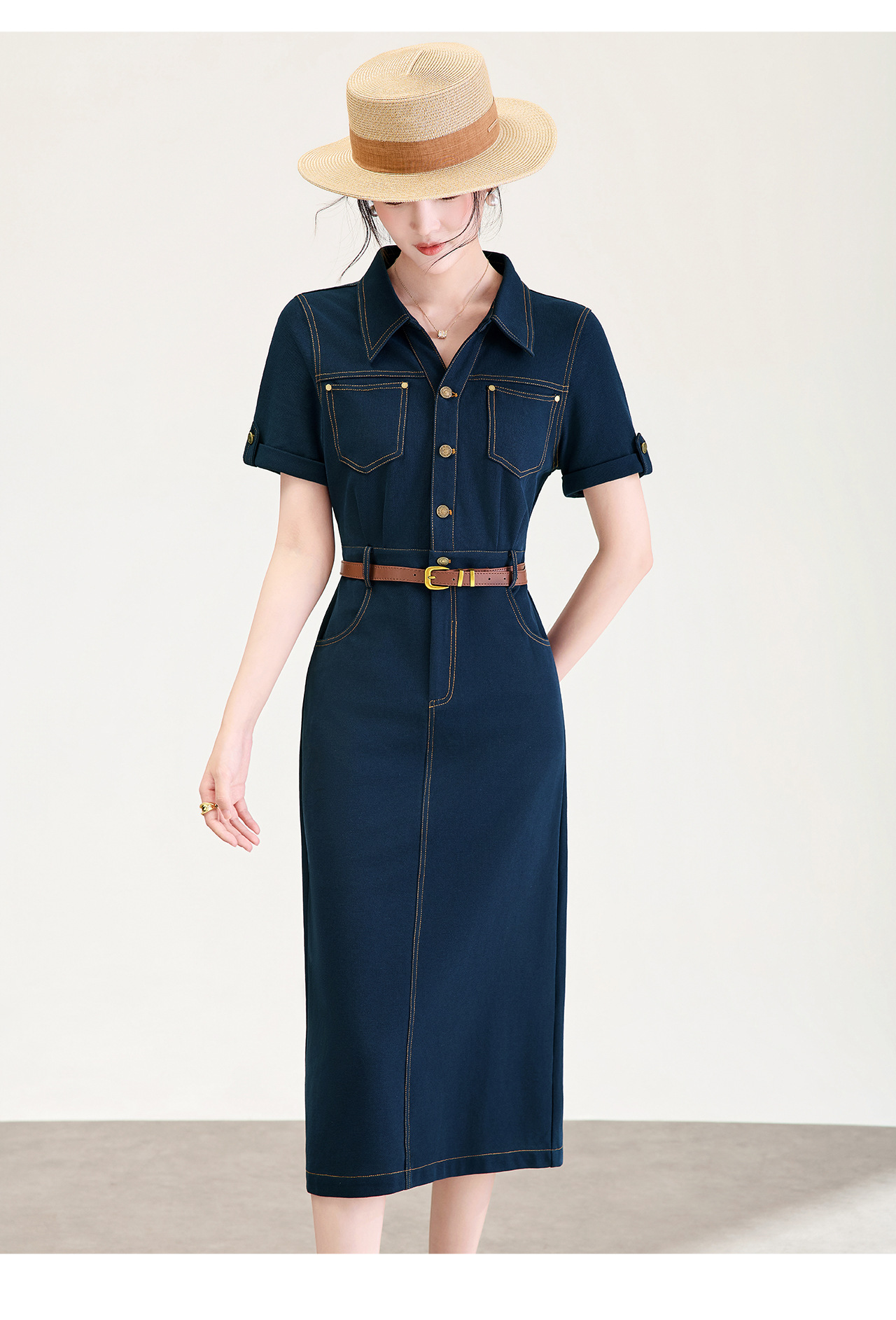 Đầm denim nữ cổ V eo cao tay ngắn dáng ôm — xanh lam chi tiết 14
