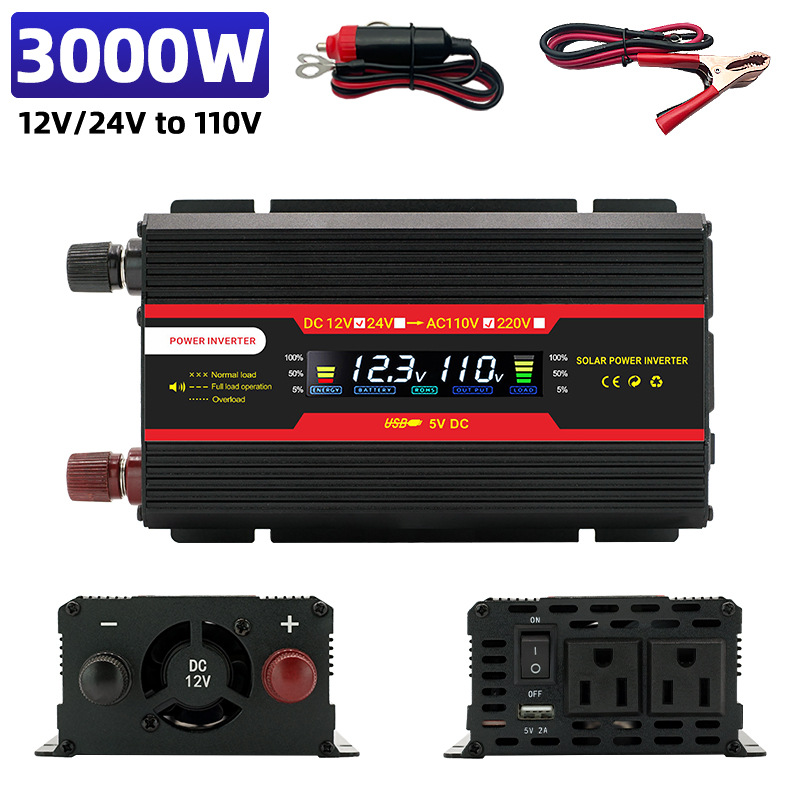Inversor de Corriente para Automóvil con Pantalla LCD Digital Transfronteriza, Estándar Estadounidense, Amazon, Doble Voltaje de 12-24v a 110v, Alta Potencia de 6000W