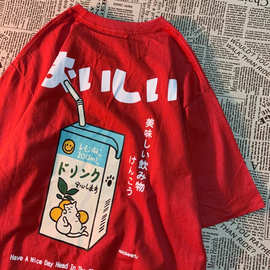 跨境纯棉棉TCute Japanese Cat Print Oversized T-shirt Women M