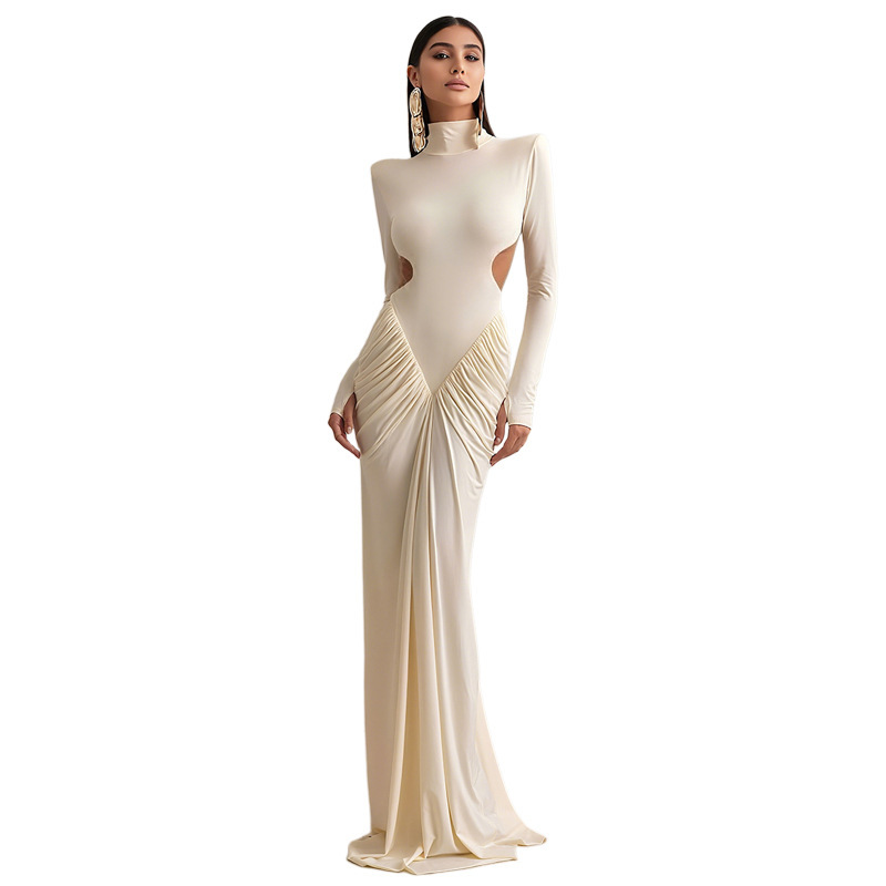 Europa y los Estados Unidos transfronterizos de otoño de 2025 nueva ropa de mujer de color sólido manga larga cuello alto temperamento delgado plegado vestido largo de espalda abierta image 6