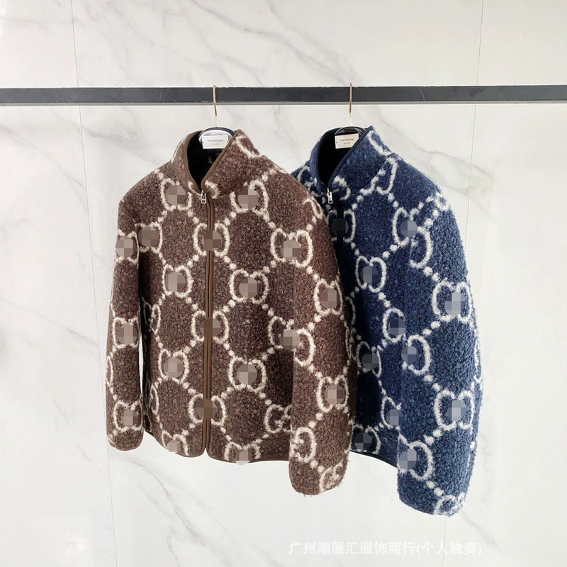 Men's stand-collar jacquard coat teddy roll grain plush quilted thickened autumn and winter retro zipper warm jacket for men Men's stand-collar jacquard coat teddy roll grain plush quilted thickened autumn and winter retro zipper warm jacket for men