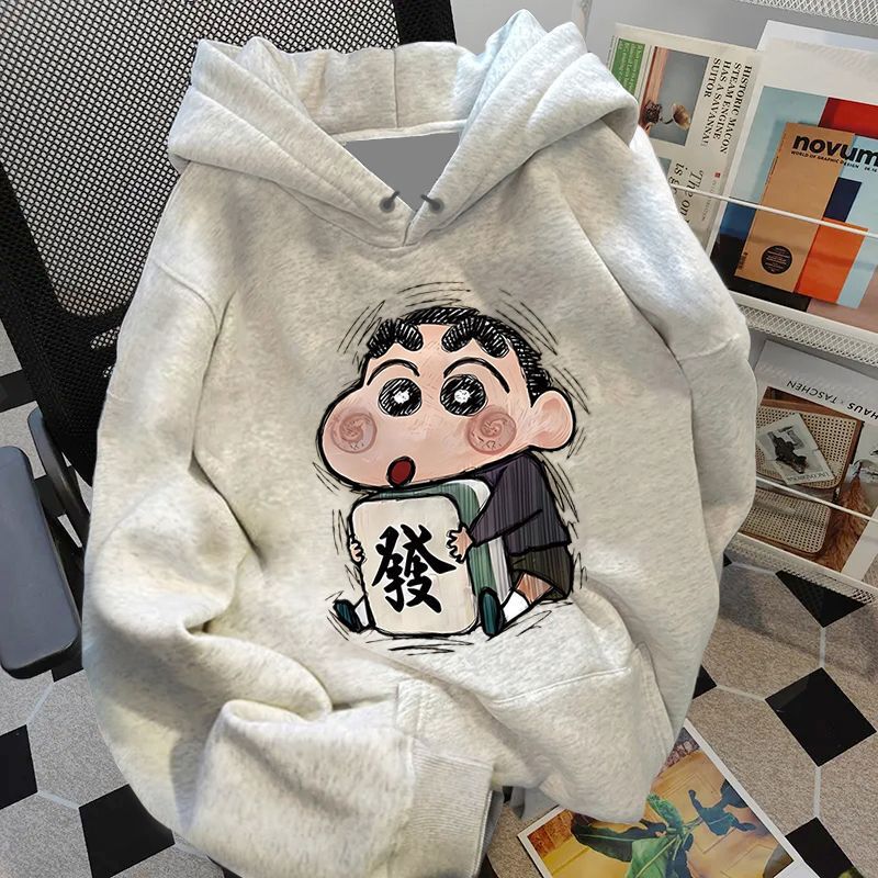 melange gray American Retro Cartoon New Hooded Sweatshirt for Men and Women Winter fleece-lined Fashion Brand hiphop Couple Jacket